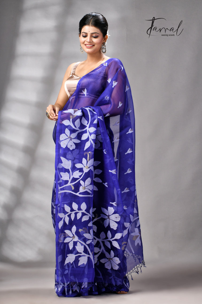 Royal Blue Pure Muslin Silk Handwoven Jamdani Saree