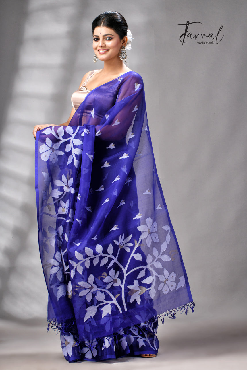 Royal Blue Pure Muslin Silk Handwoven Jamdani Saree