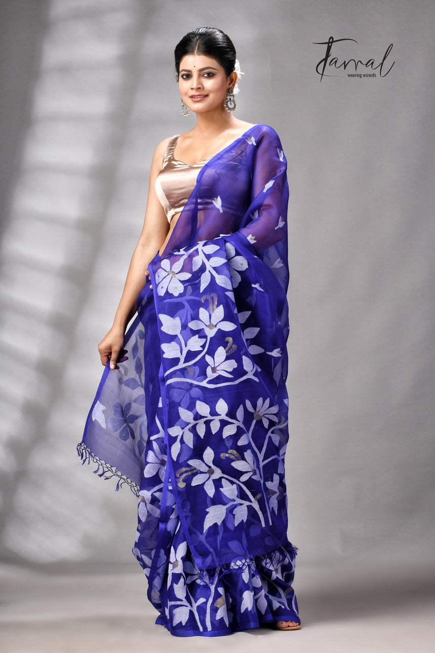 Royal Blue Pure Muslin Silk Handwoven Jamdani Saree