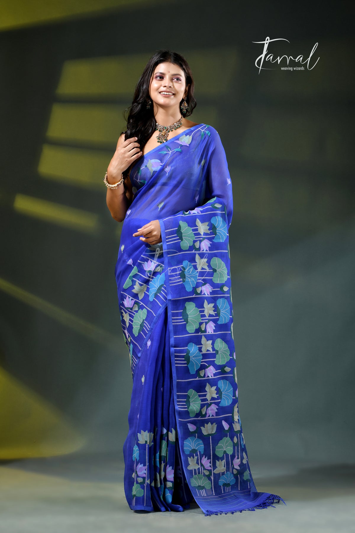 Royal Blue Tussar Silk Handloom Jamdani Saree with Golden Zari | Regal Heritage | Tamal Boutique