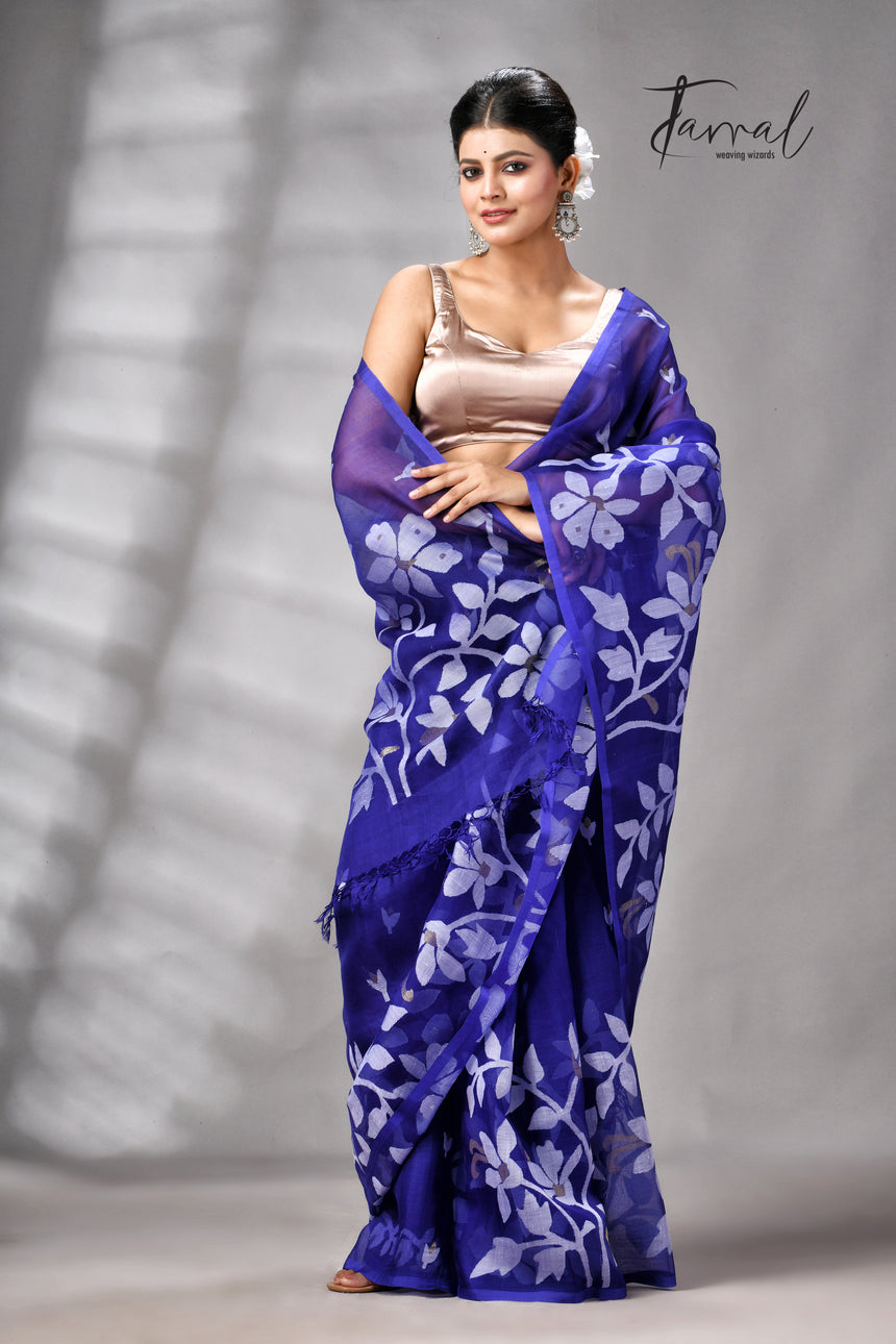 Royal Blue Pure Muslin Silk Handwoven Jamdani Saree