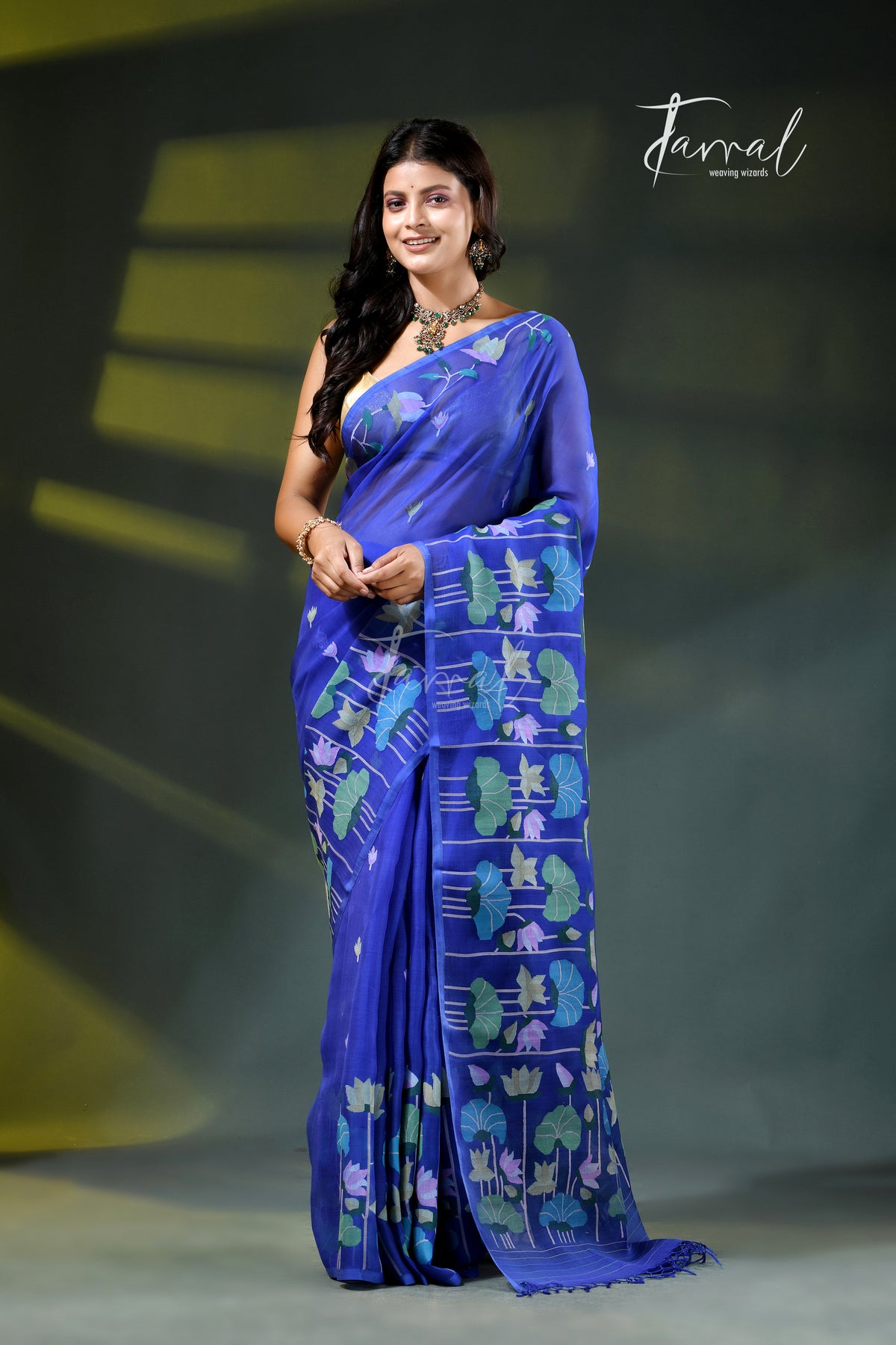 Royal Blue Tussar Silk Handloom Jamdani Saree with Golden Zari | Regal Heritage | Tamal Boutique