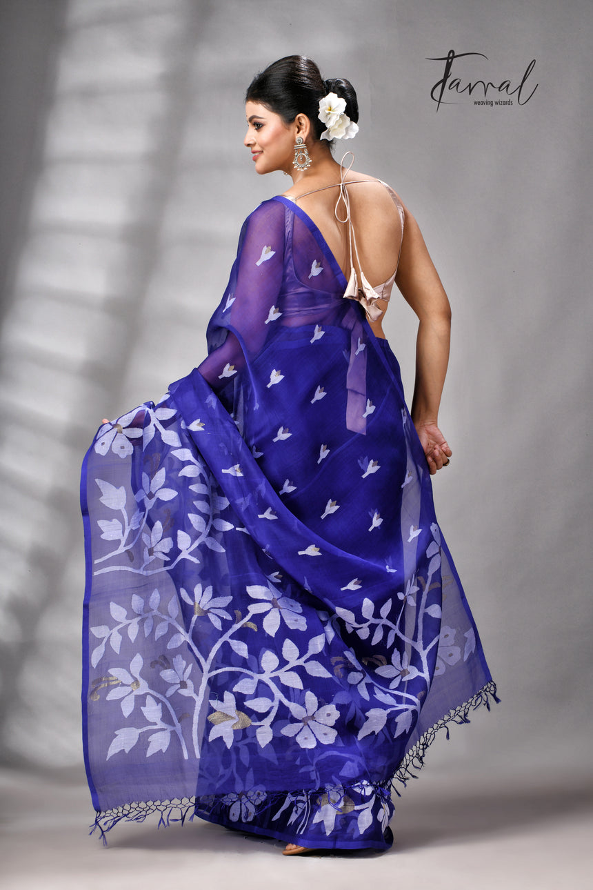 Royal Blue Pure Muslin Silk Handwoven Jamdani Saree