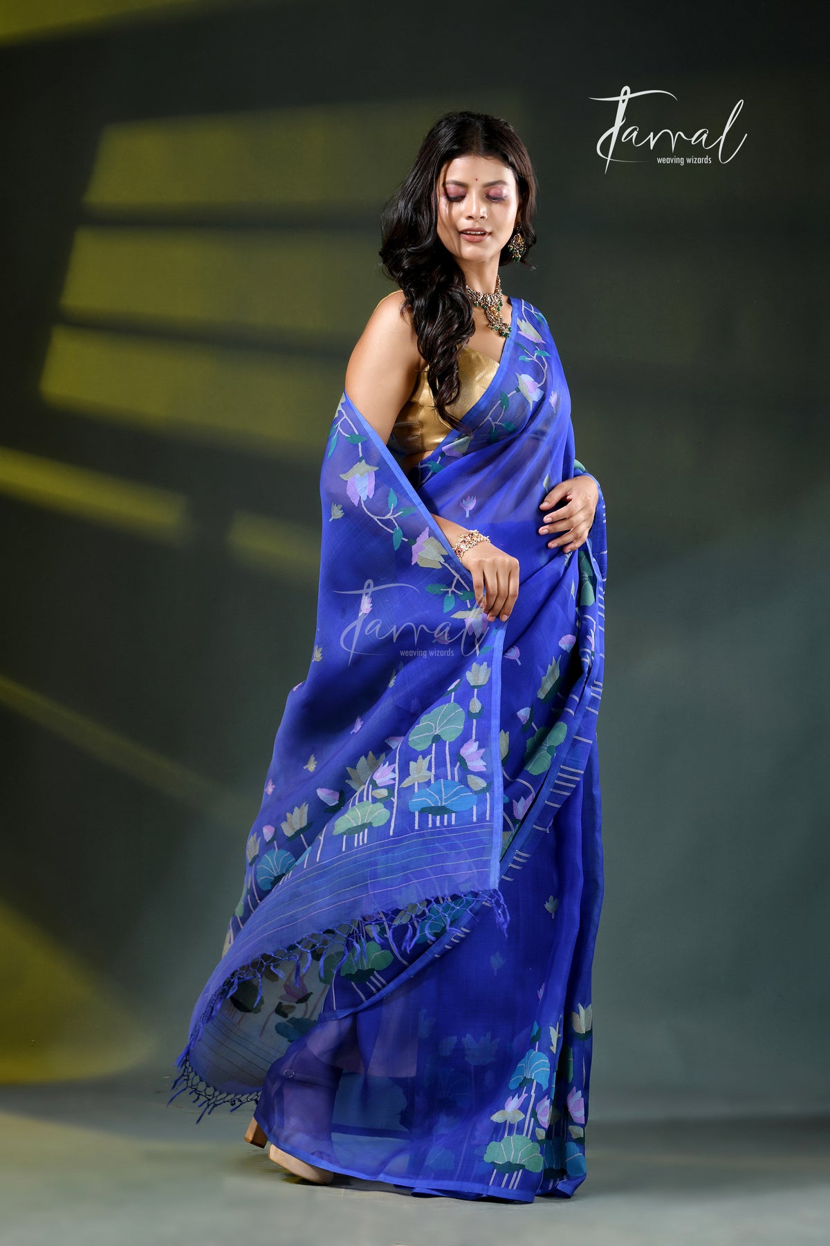 Royal Blue Tussar Silk Handloom Jamdani Saree with Golden Zari | Regal Heritage | Tamal Boutique