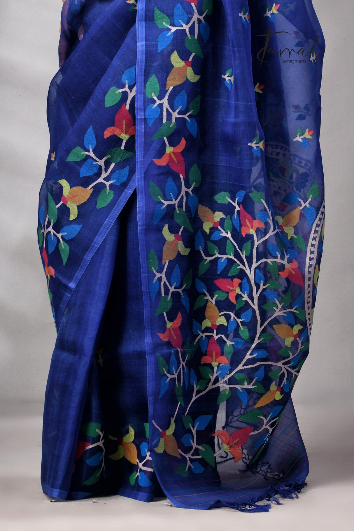 Indigo With Multicolour Pure Muslin Silk Floral Handwoven Jamdani Saree