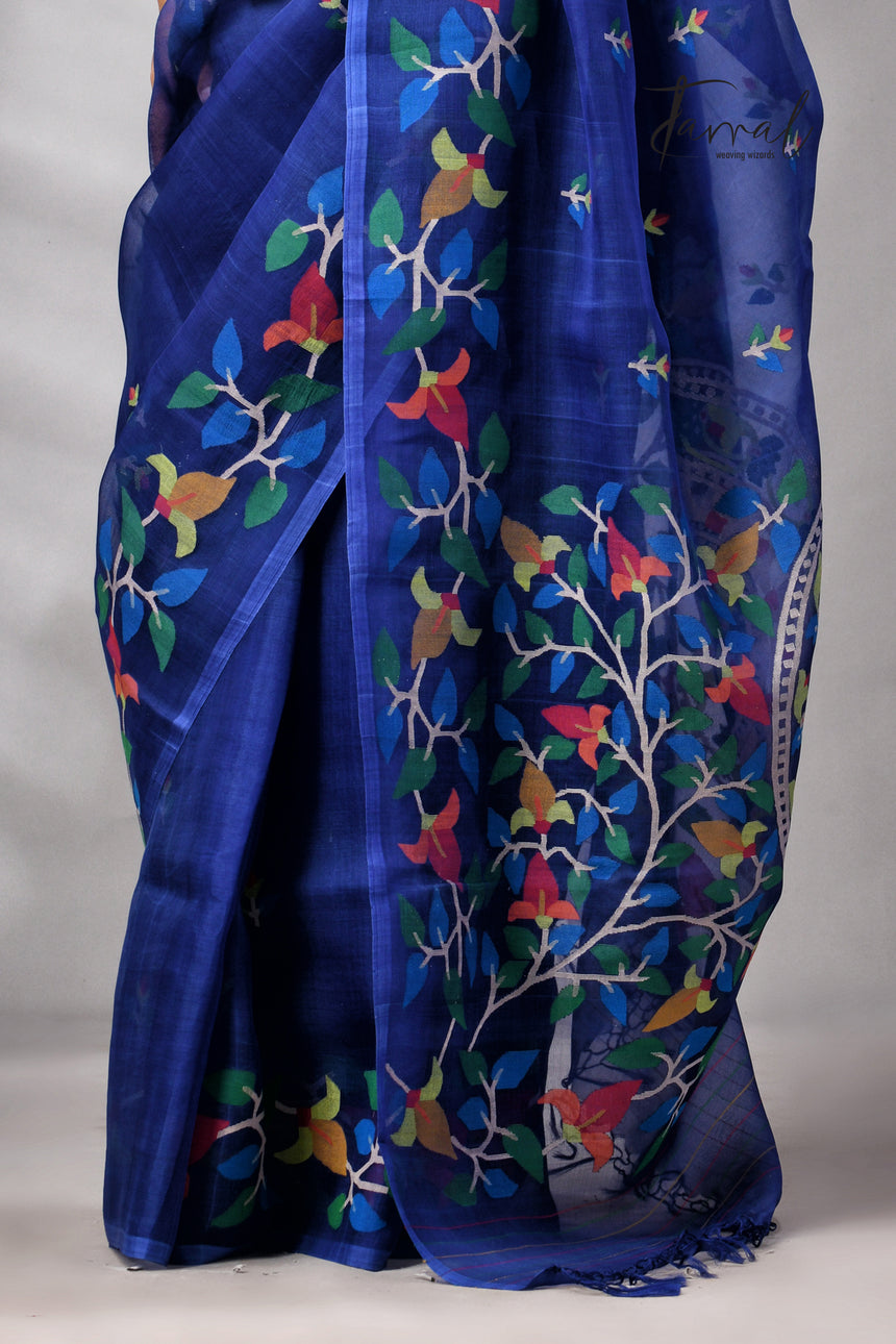 Indigo With Multicolour Pure Muslin Silk Floral Handwoven Jamdani Saree