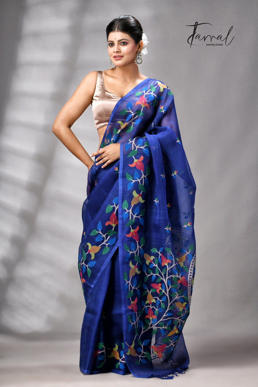 Indigo With Multicolour Pure Muslin Silk Floral Handwoven Jamdani Saree