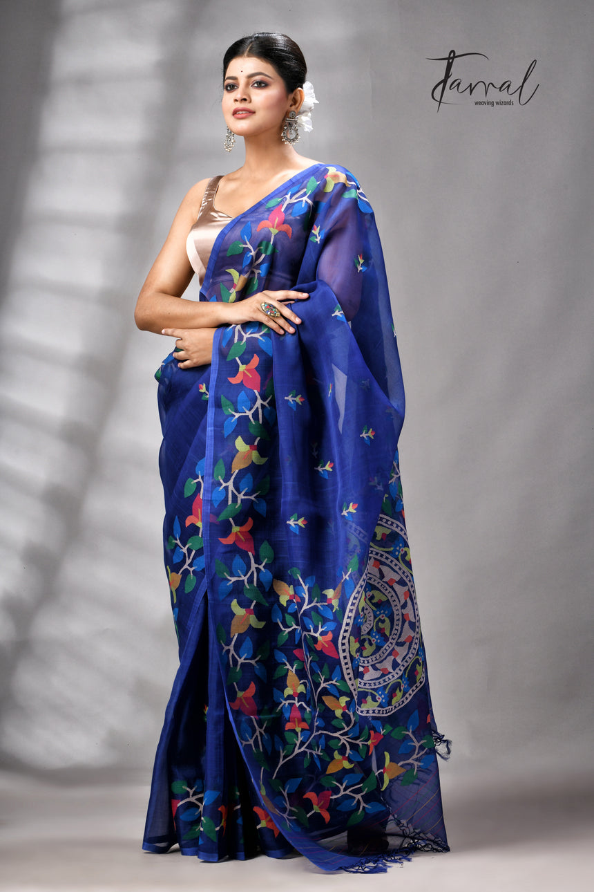 Indigo With Multicolour Pure Muslin Silk Floral Handwoven Jamdani Saree