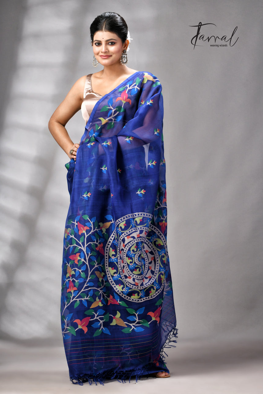 Indigo With Multicolour Pure Muslin Silk Floral Handwoven Jamdani Saree