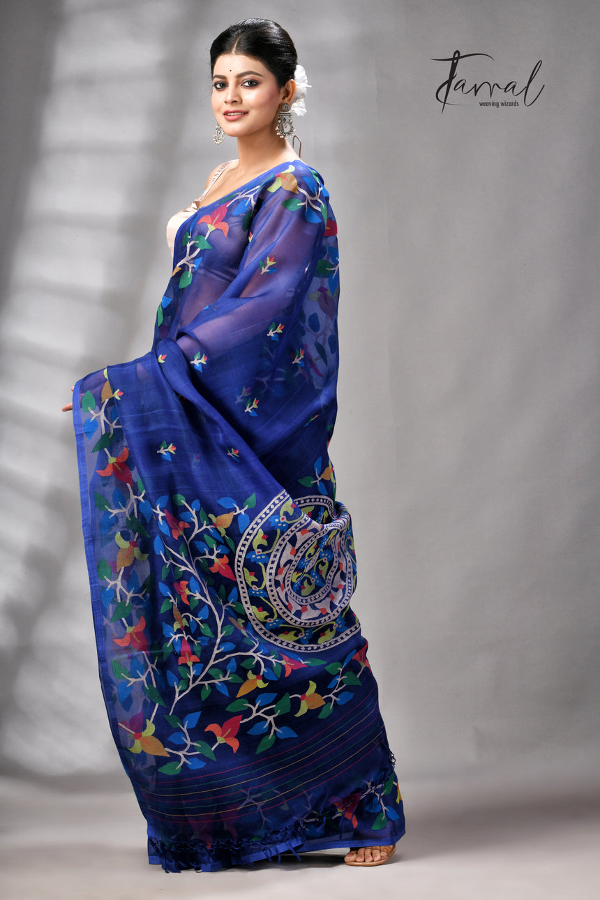 Indigo With Multicolour Pure Muslin Silk Floral Handwoven Jamdani Saree