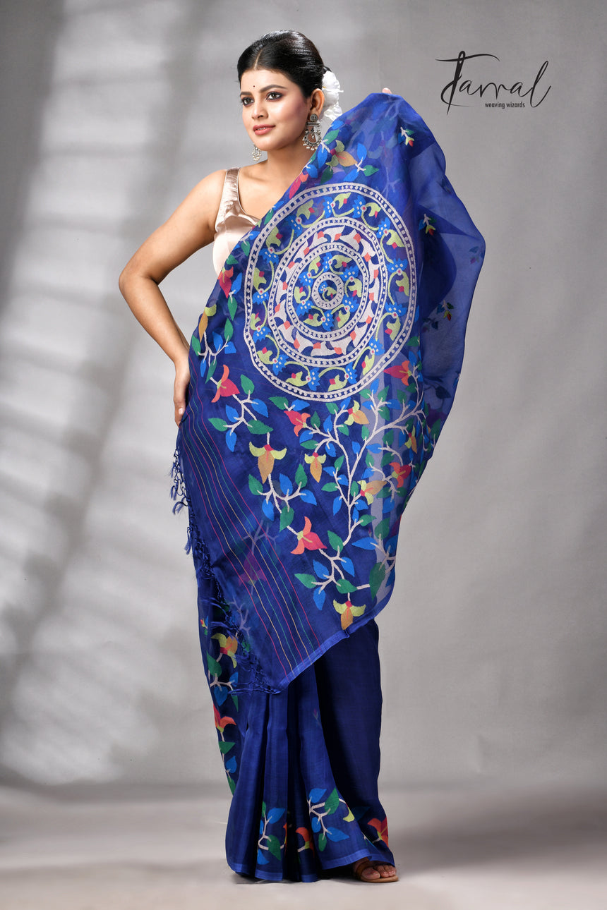 Indigo With Multicolour Pure Muslin Silk Floral Handwoven Jamdani Saree