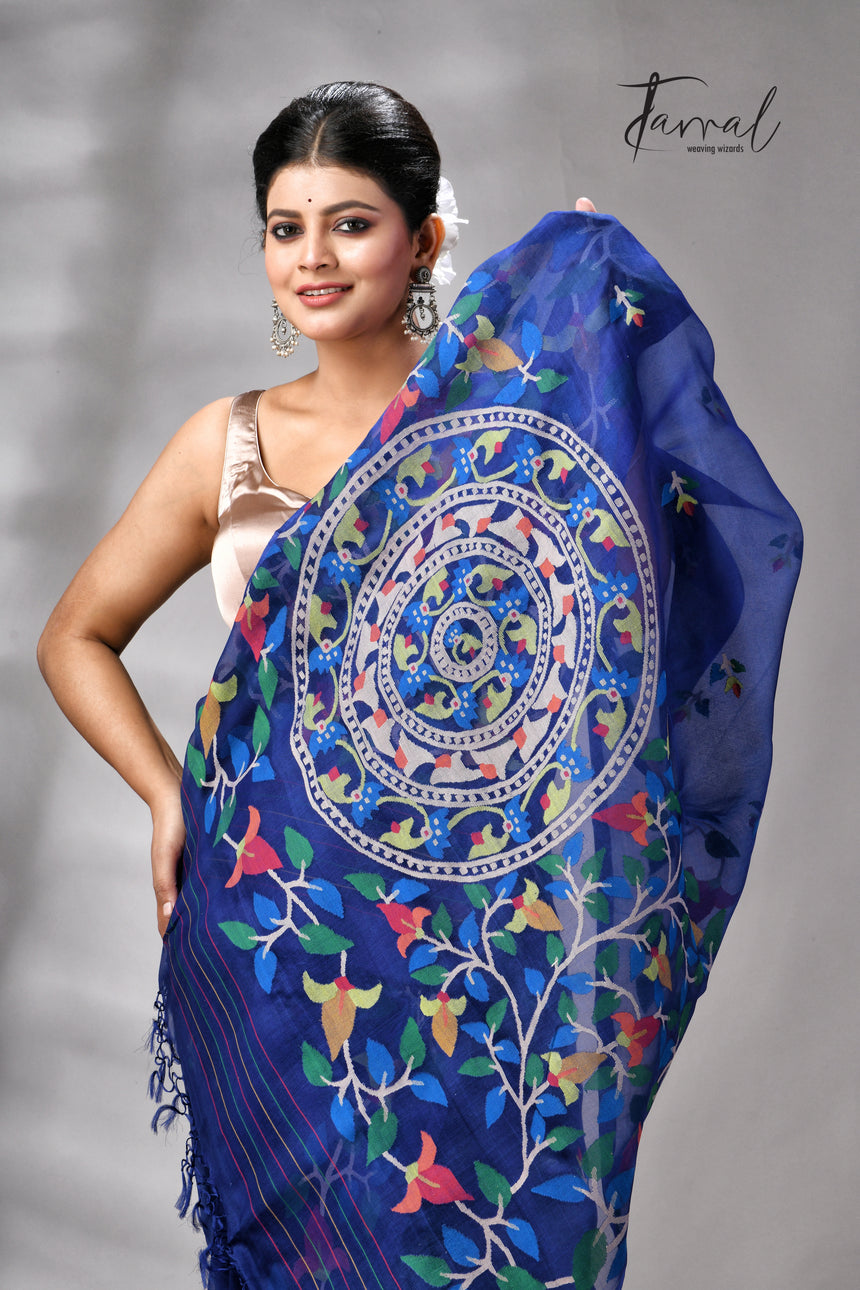 Indigo With Multicolour Pure Muslin Silk Floral Handwoven Jamdani Saree
