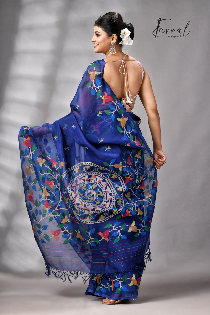 Indigo With Multicolour Pure Muslin Silk Floral Handwoven Jamdani Saree