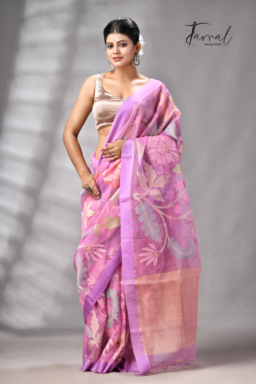 Onion pink with magenta border Allover floral handwoven muslin silk jamdani saree