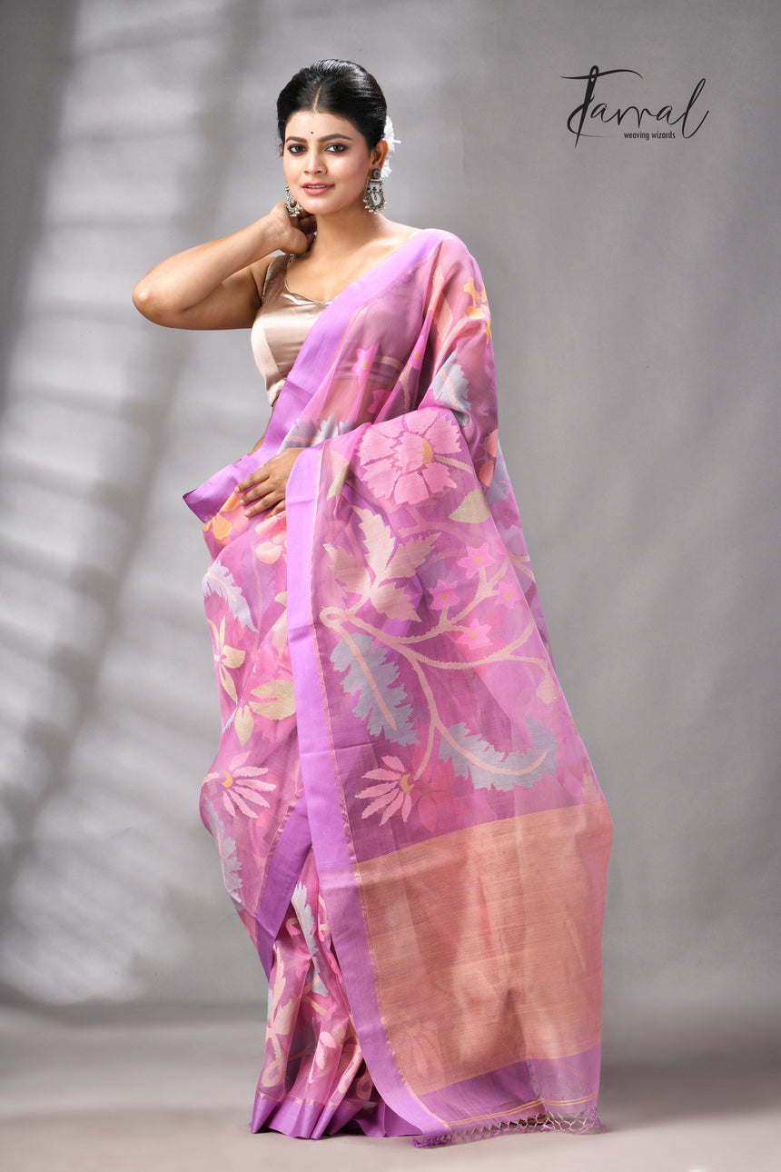 Onion pink with magenta border Allover floral handwoven muslin silk jamdani saree