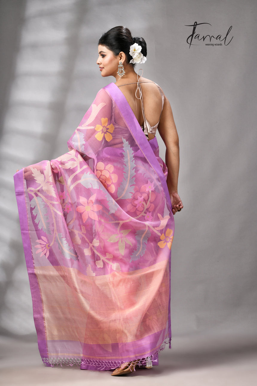 Onion pink with magenta border Allover floral handwoven muslin silk jamdani saree
