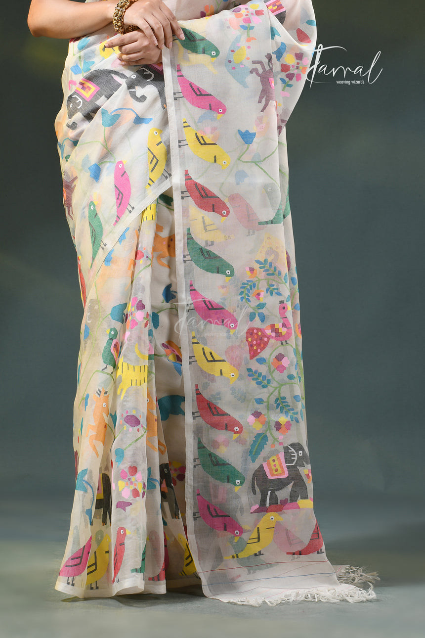 Exclusive Off-White Muslin Silk Handwoven Needlework Jamdani Saree with Multicoloured Animal & Bird Motifs