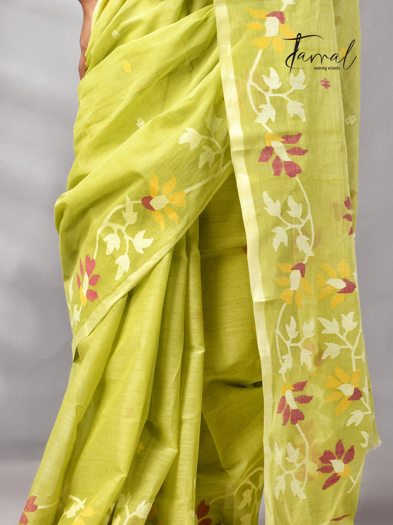 Lemon green pure cotton handwoven jamdani saree