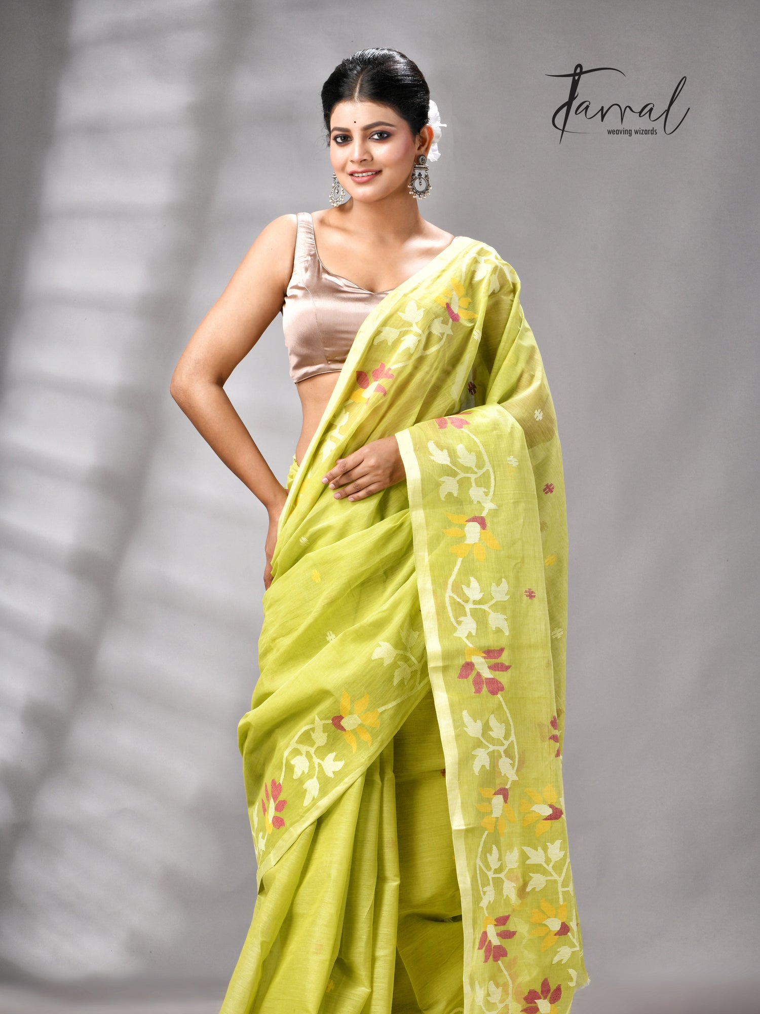 Lemon green pure cotton handwoven jamdani saree