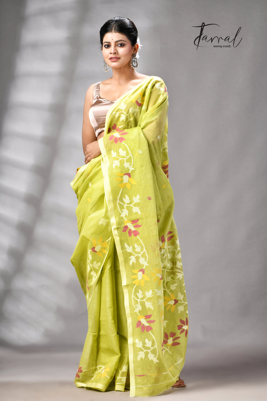 Lemon Green Pure Cotton Handwoven Jamdani Saree
