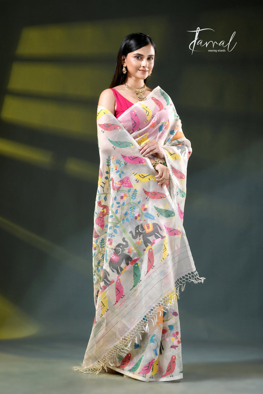 Exclusive Off-White Muslin Silk Handwoven Needlework Jamdani Saree with Multicoloured Animal & Bird Motifs