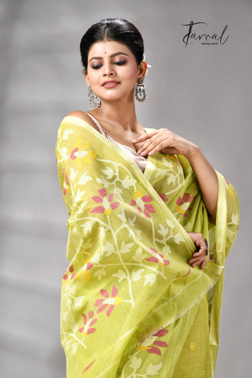 Lemon Green Pure Cotton Handwoven Jamdani Saree