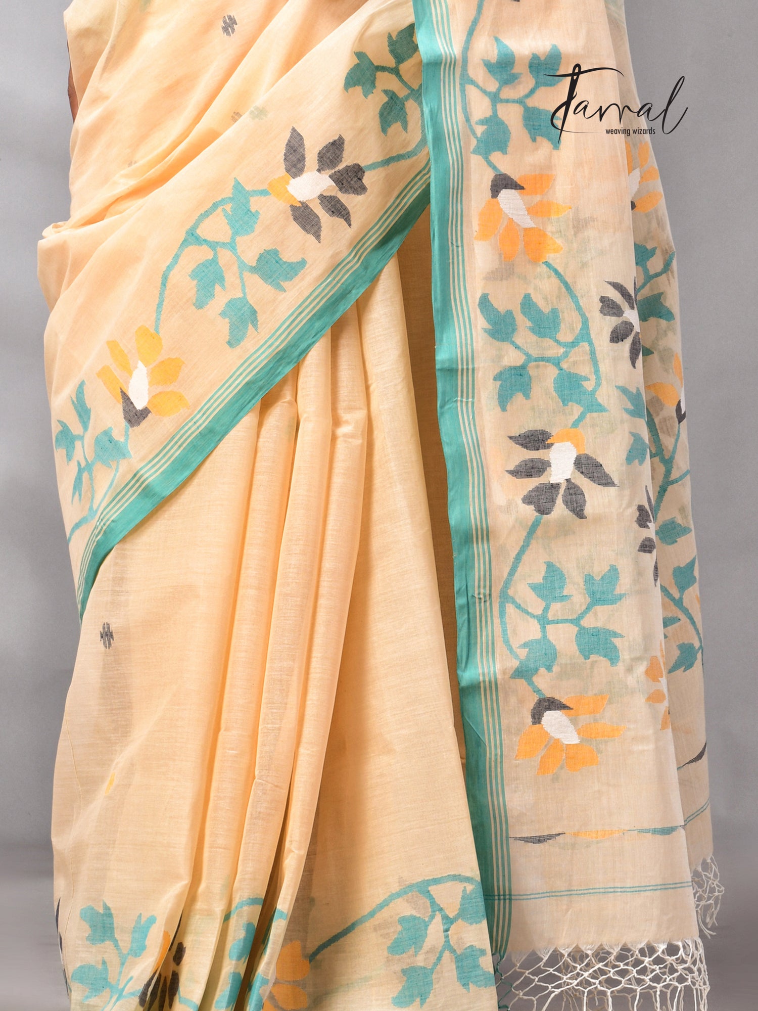 Beige with firoza border pure cotton handwoven jamdani saree