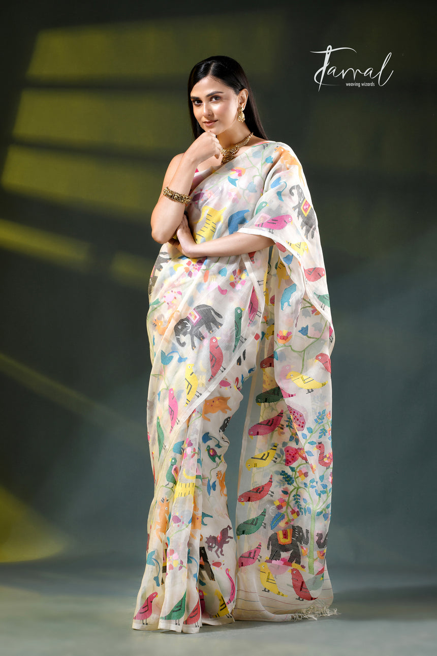 Exclusive Off-White Muslin Silk Handwoven Needlework Jamdani Saree with Multicoloured Animal & Bird Motifs