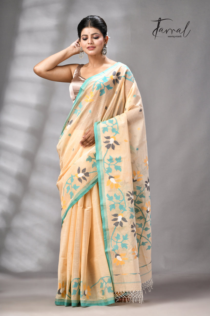 Beige With Firoza Border Pure Cotton Handwoven Jamdani Saree