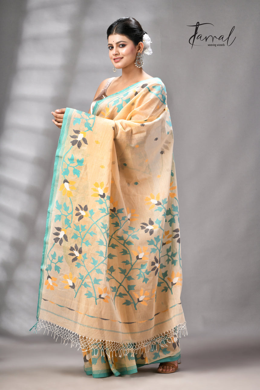 Beige With Firoza Border Pure Cotton Handwoven Jamdani Saree