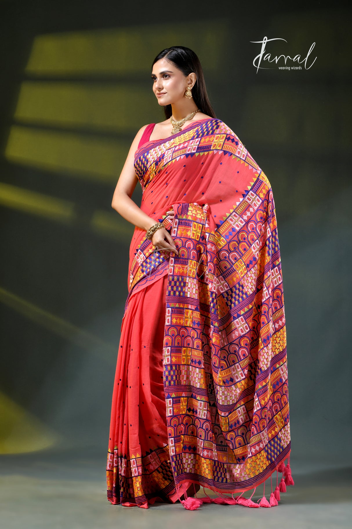 Deep peach with multicoloured lambani embroidery saree