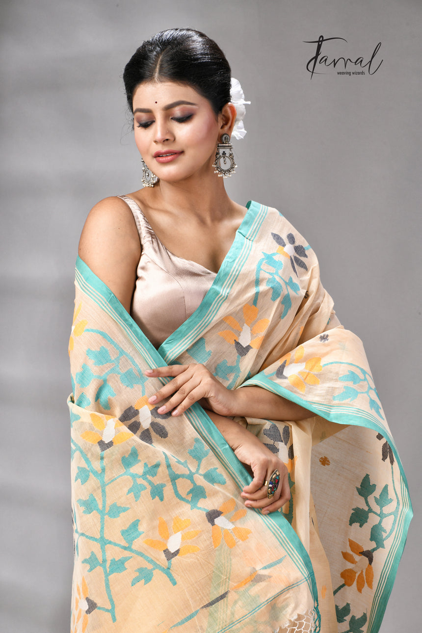 Beige With Firoza Border Pure Cotton Handwoven Jamdani Saree