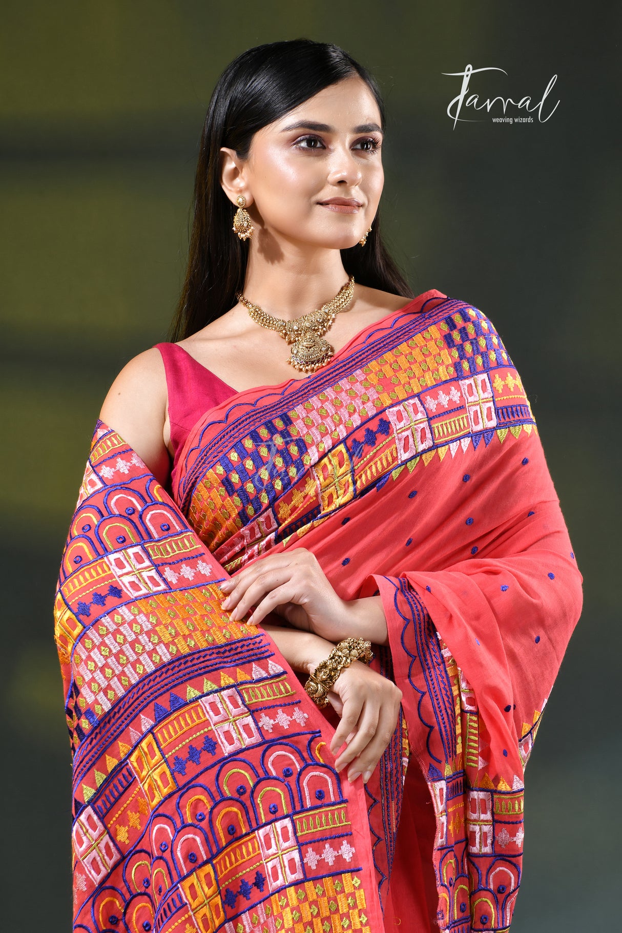Deep peach with multicoloured lambani embroidery saree