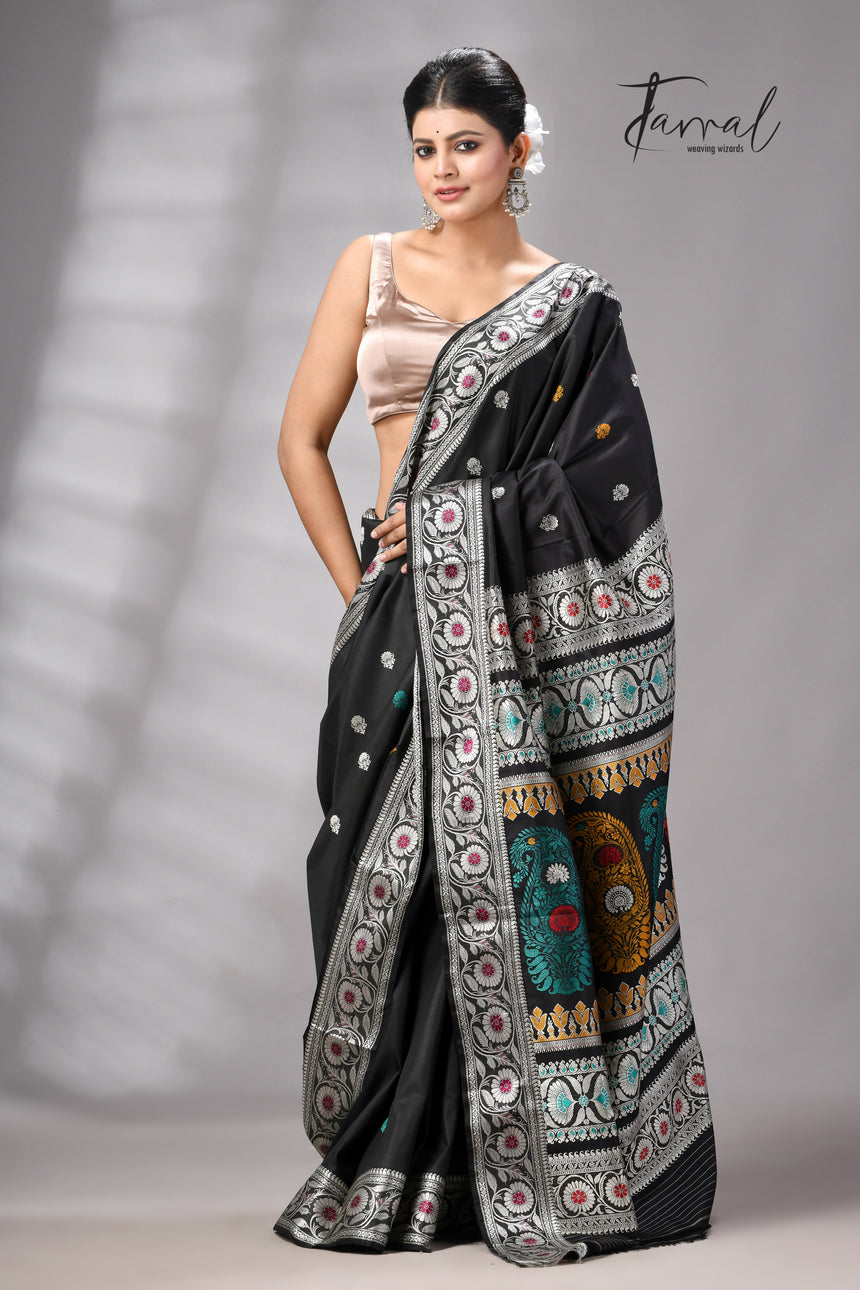 Black with multicolour Bishnupuri Katan silk revival Swarnachari handloom saree