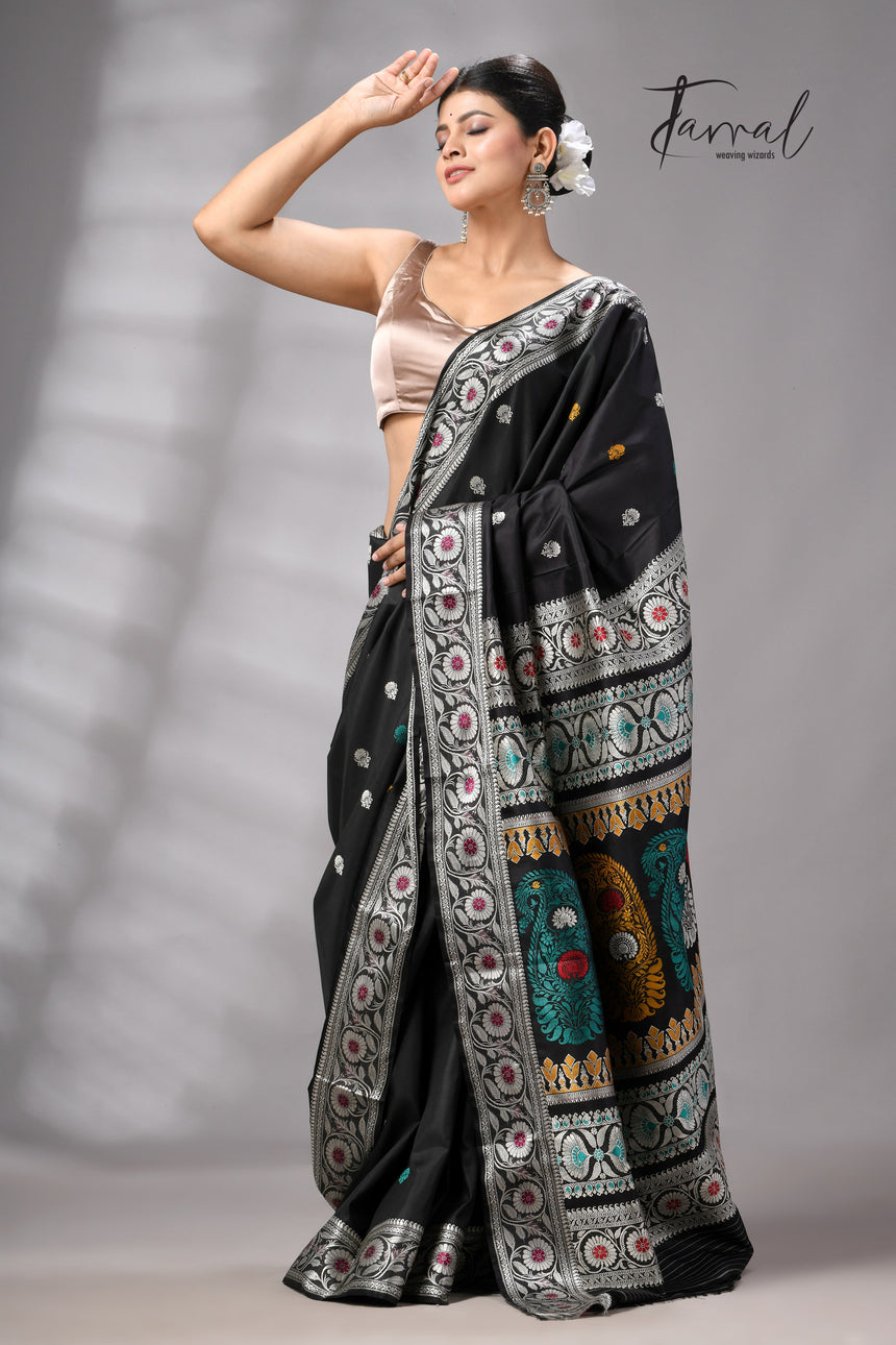 Black with multicolour Bishnupuri Katan silk revival Swarnachari handloom saree