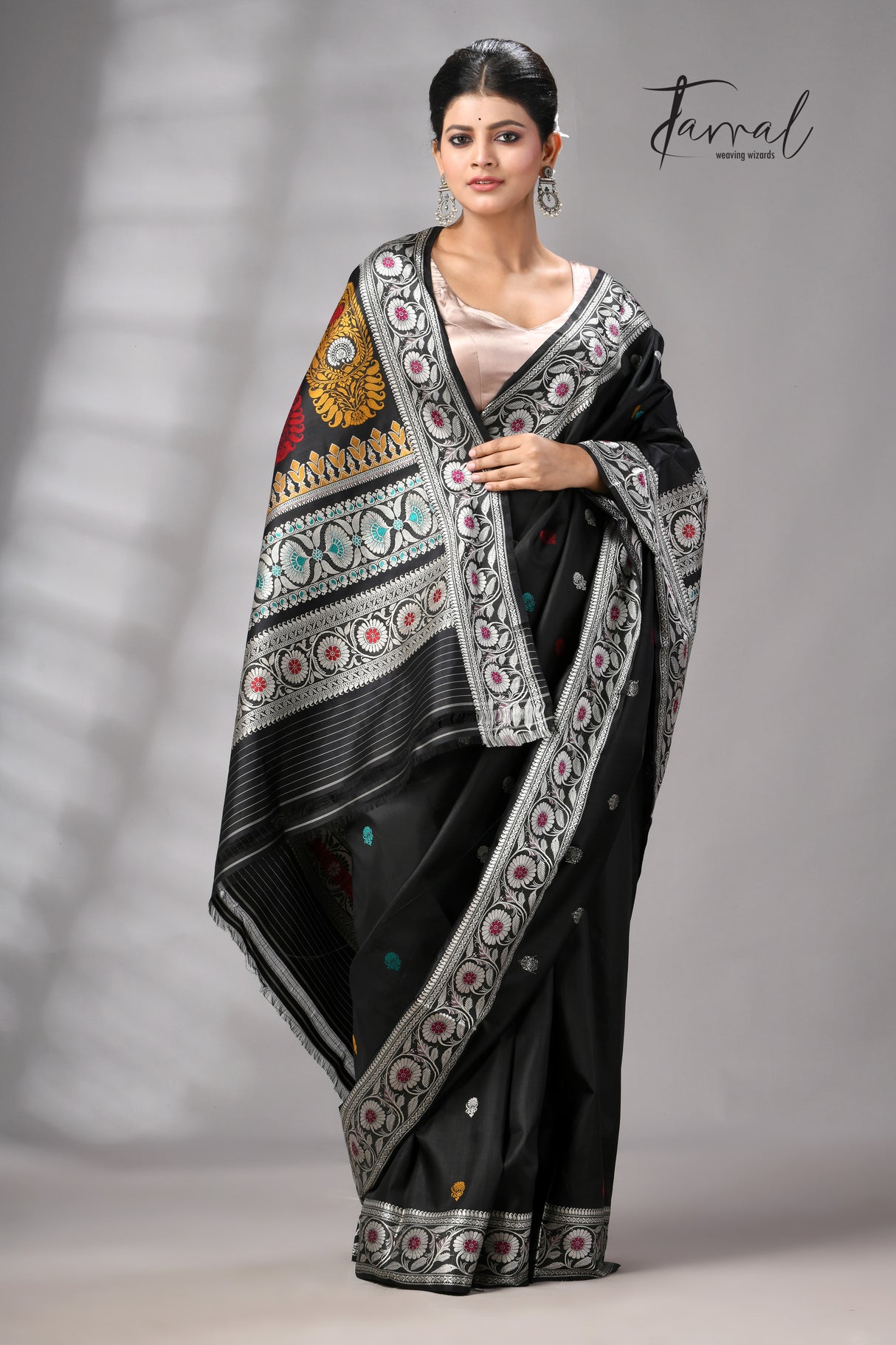 Black with multicolour Bishnupuri Katan silk revival Swarnachari handloom saree