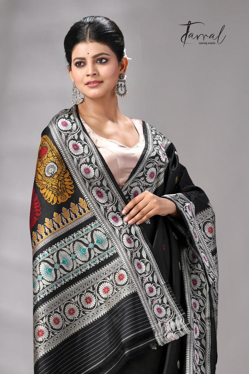 Black with multicolour Bishnupuri Katan silk revival Swarnachari handloom saree