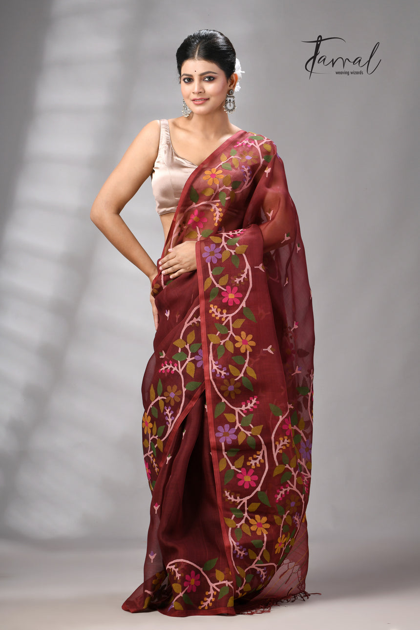 Chocolate Brown Muslin Silk Jamdani Saree With Multicolour Floral Border