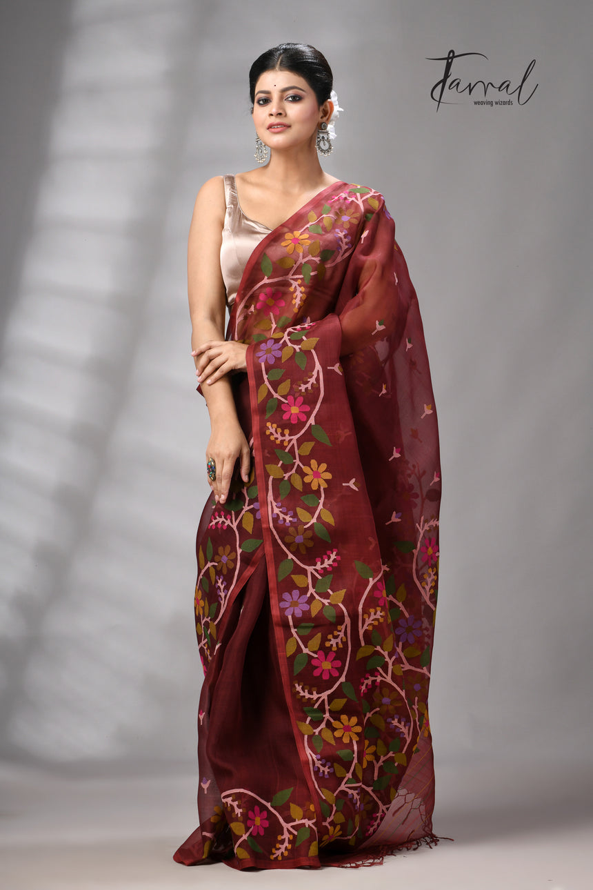 Chocolate Brown Muslin Silk Jamdani Saree With Multicolour Floral Border