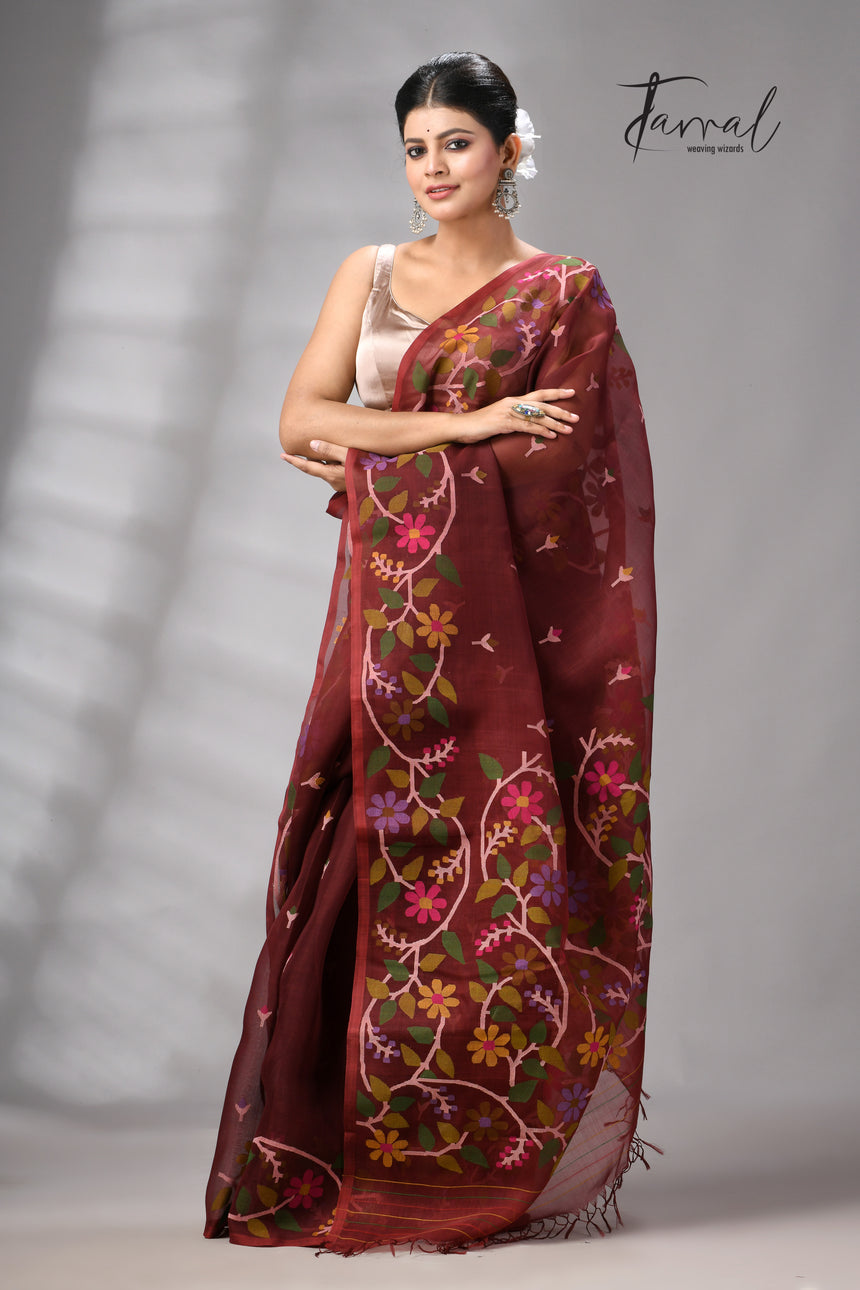 Chocolate Brown Muslin Silk Jamdani Saree With Multicolour Floral Border