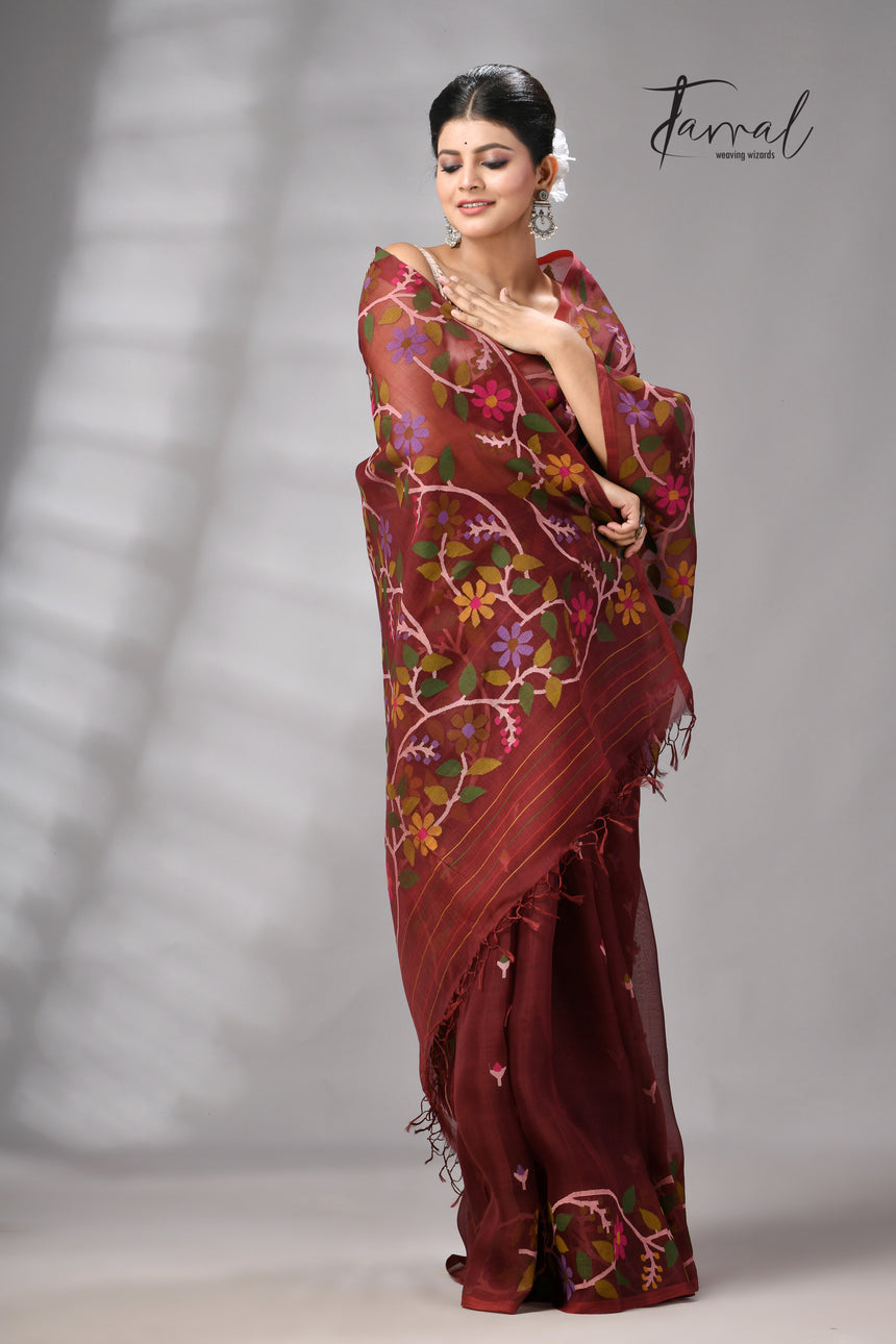 Chocolate Brown Muslin Silk Jamdani Saree With Multicolour Floral Border