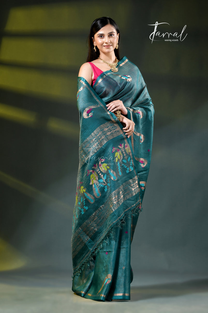 Peacock blue colour with zari work pure tussar silk handloom jamdani saree