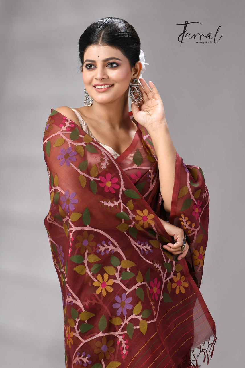 Chocolate Brown Muslin Silk Jamdani Saree With Multicolour Floral Border