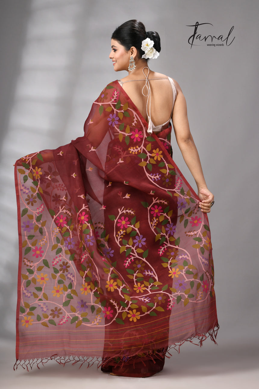 Chocolate Brown Muslin Silk Jamdani Saree With Multicolour Floral Border