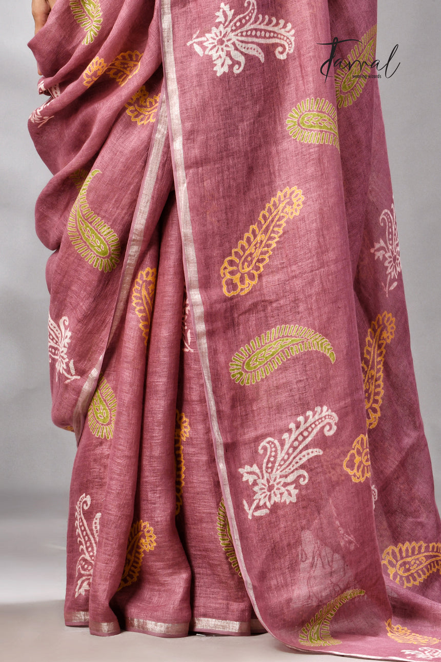 Onion Pink Colour Pure Linen Hand Block Printed Saree