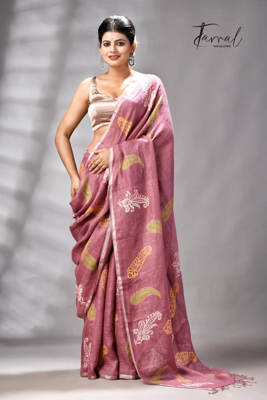 Onion Pink Colour Pure Linen Hand Block Printed Saree