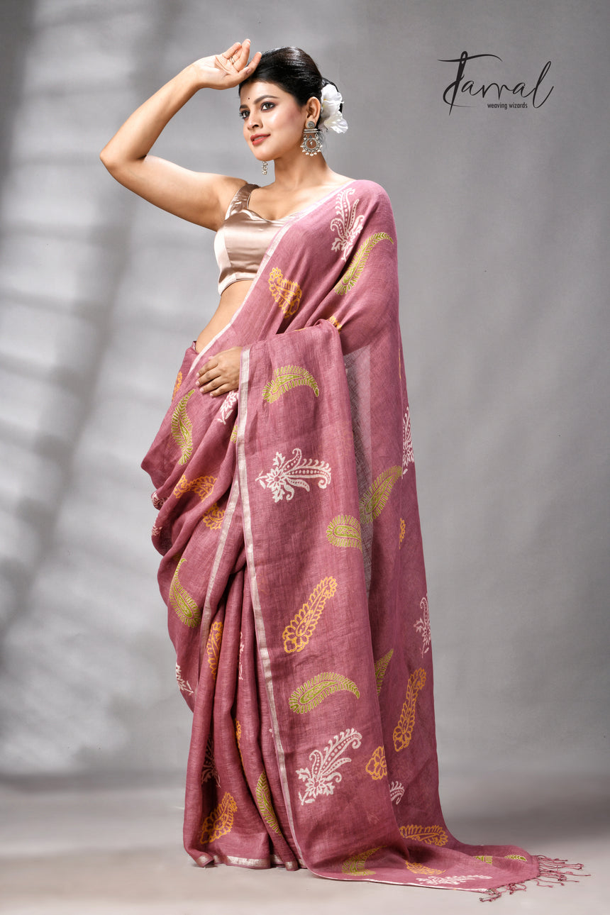 Onion Pink Colour Pure Linen Hand Block Printed Saree
