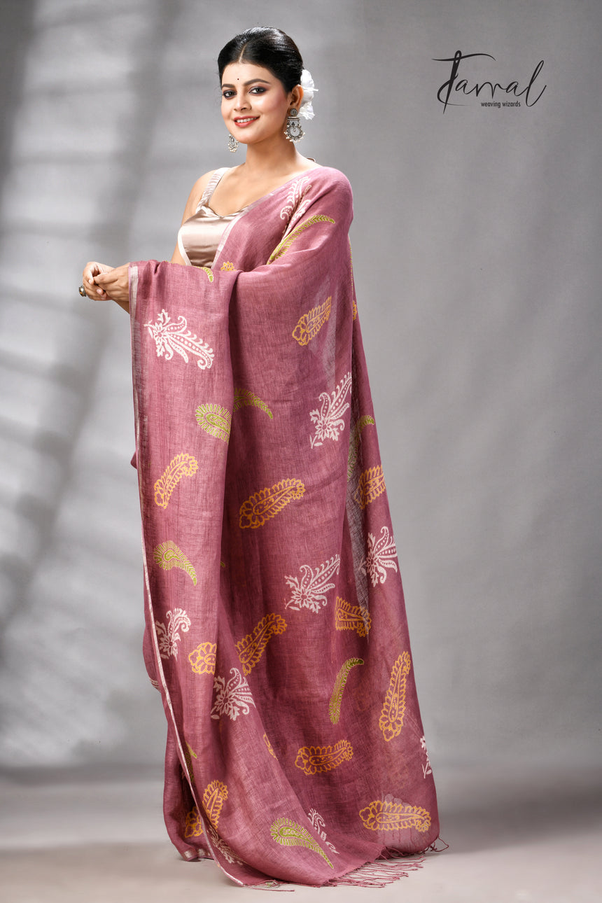 Onion Pink Colour Pure Linen Hand Block Printed Saree