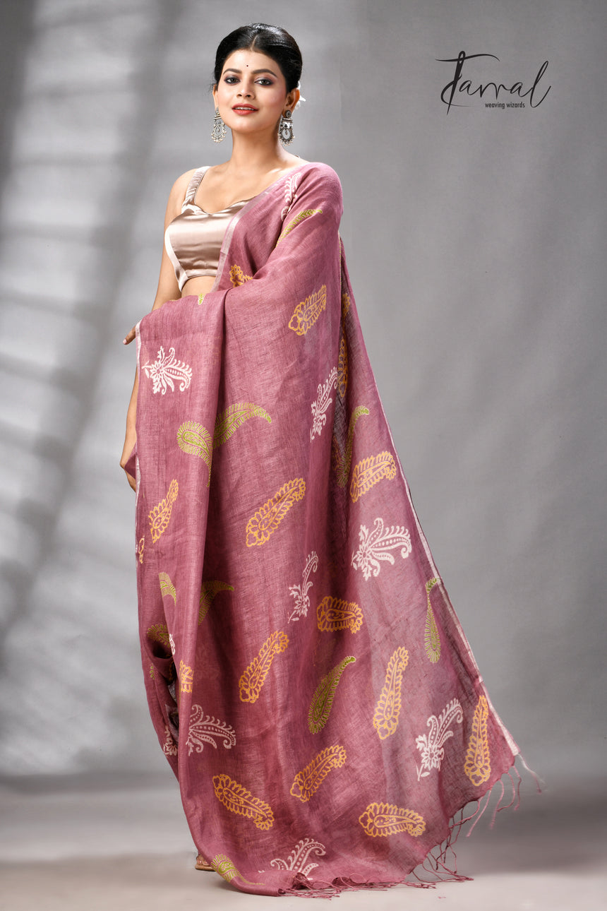 Onion Pink Colour Pure Linen Hand Block Printed Saree