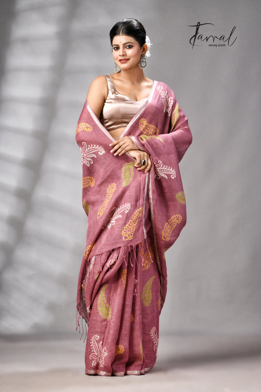 Onion Pink Colour Pure Linen Hand Block Printed Saree
